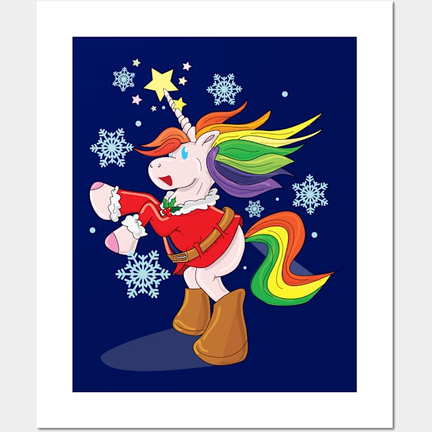 Rainbow unicorn in Santa outfit Wall Art by YasudaArt